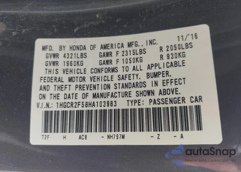 2017 Honda Accord Sport из США, поврежденный, VIN 1HGCR2F58HA103983